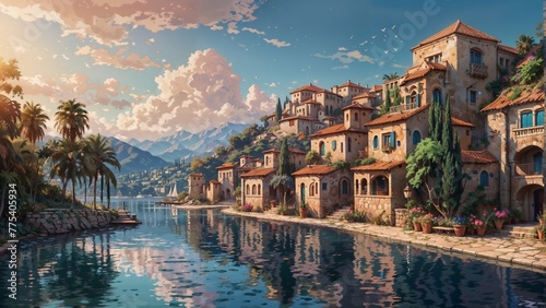 Beautiful view of luxury villas on the shores of lake.