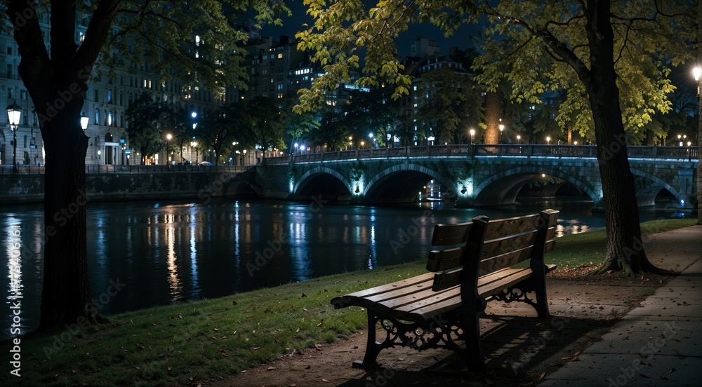 Bench by the lake at night with city lights in the background.
