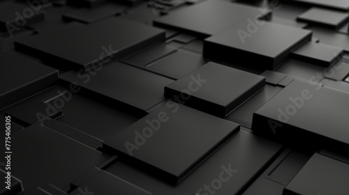 Black tech background, with a geometric 3D structure. Clean, minimal design with simple futuristic forms. 3D render