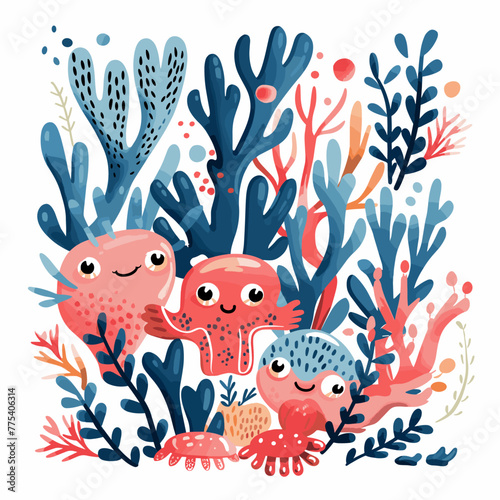 Cute underwater world with colorful corals. Vector cartoon illustration.