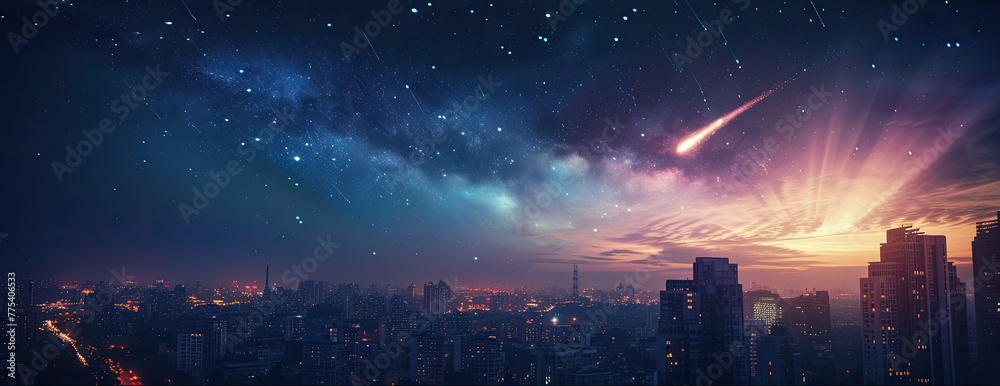 Comet ISON shines amidst the city lights, night sky adorned with the Milky Way. ✨🌌 A breathtaking urban night vista of cosmic beauty. #StarryCityscape
