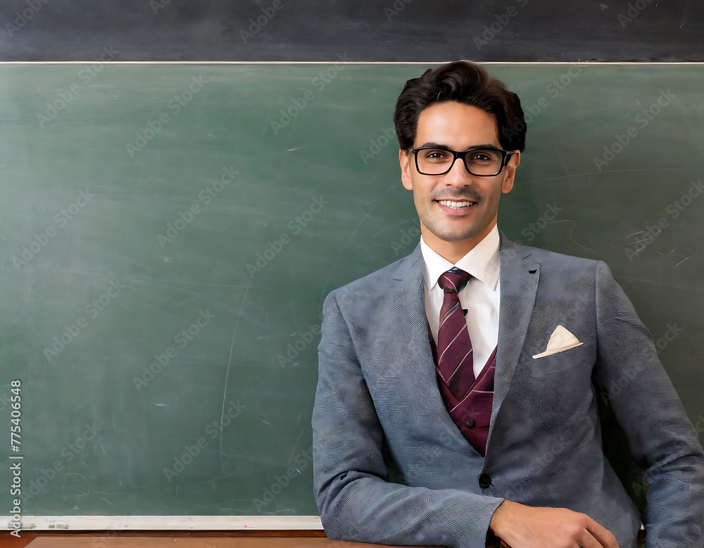 Young male teacher in front of a school blackboard smiling and holding books