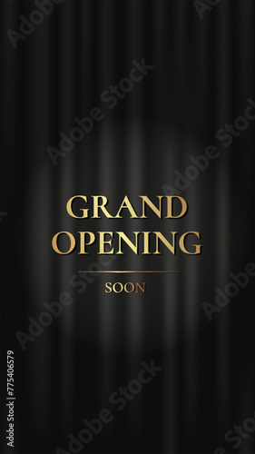 Grand Opening. Luxury vertical banner with black curtain and golden text. Vector illustration