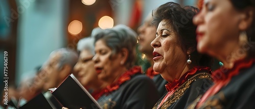 Latin American choir singing traditional Christmas carols at a Las Posadas celebration. Concept Las Posadas, Christmas Carols, Latin American Choir, Traditional Music, Cultural Celebration © Ян Заболотний
