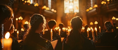 Capturing the Unity and Reverence of the Holiday Season: Choir Singing Christmas Carols in a Candlelit Church. Concept Holiday Season, Choir Singing, Christmas Carols, Candlelit Church, Unity