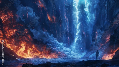 Vivid illustration of alien worlds  gravity defying landscapes in dark movie poster style photo
