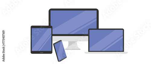 Vector set of computer monitor, computer, laptop, phone and tablet isolated on white background. Technology Devices Flat vector illustrations. Device mockup templates. 