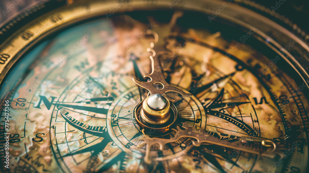 Vintage Compass Close-up with Antique Map Background