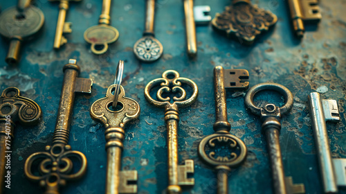 Assortment of Vintage Keys on Rustic Background