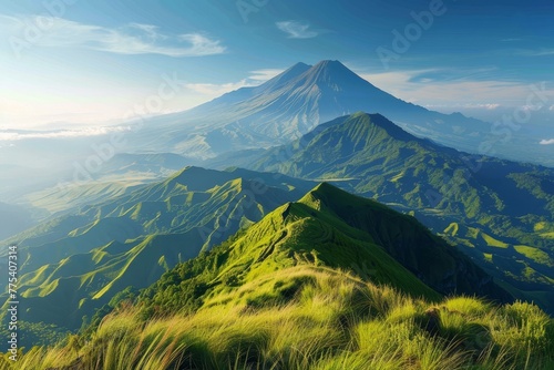 a green mountains with Mayon Volcano in the background