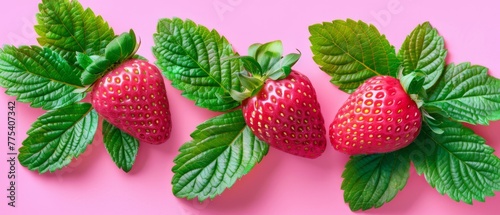   Three green strawberries on pink background, top view, flat lay