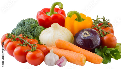 A vegetable mix is arranged neatly, isolated on a white background.