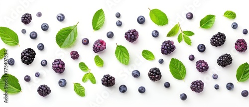   Blackberries and Blueberries on White Background, Top View, Flat Lay