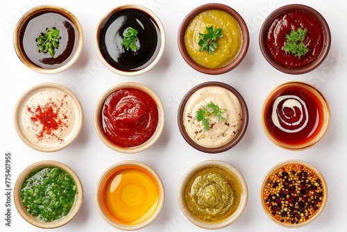 a group of bowls of different sauces