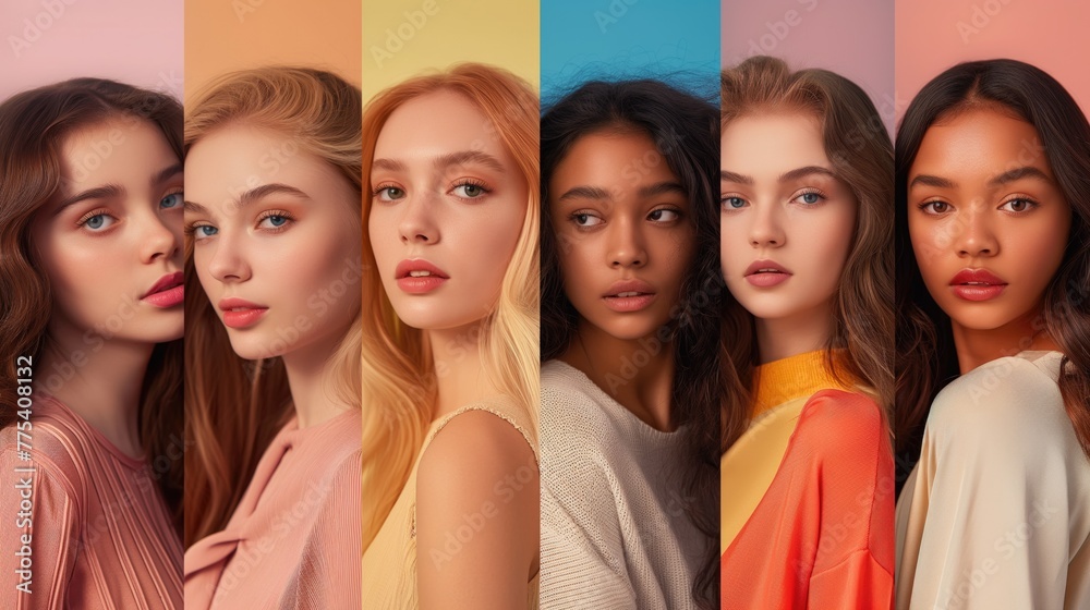 Collage of beautiful multiethnic women looking at camera while standing against colorful background Collage of beautiful multiethnic women looking at camera while standing against colorful background