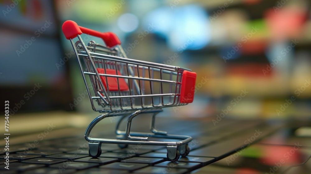 Small shopping cart on laptop computer background. Online shopping concept Small shopping cart on laptop computer background. Online shopping concept