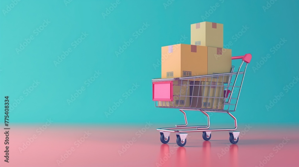 Shopping cart with cardboard boxes on blue background. Shopping concept
