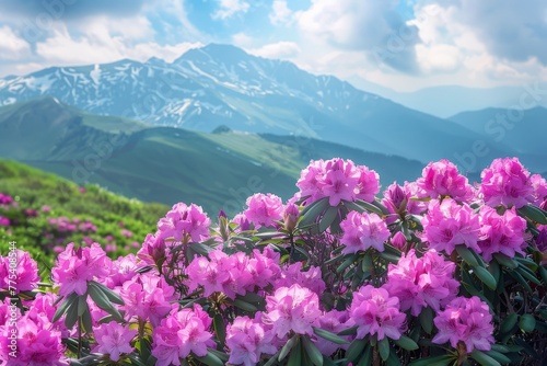 a group of pink flowers with mountains in the background