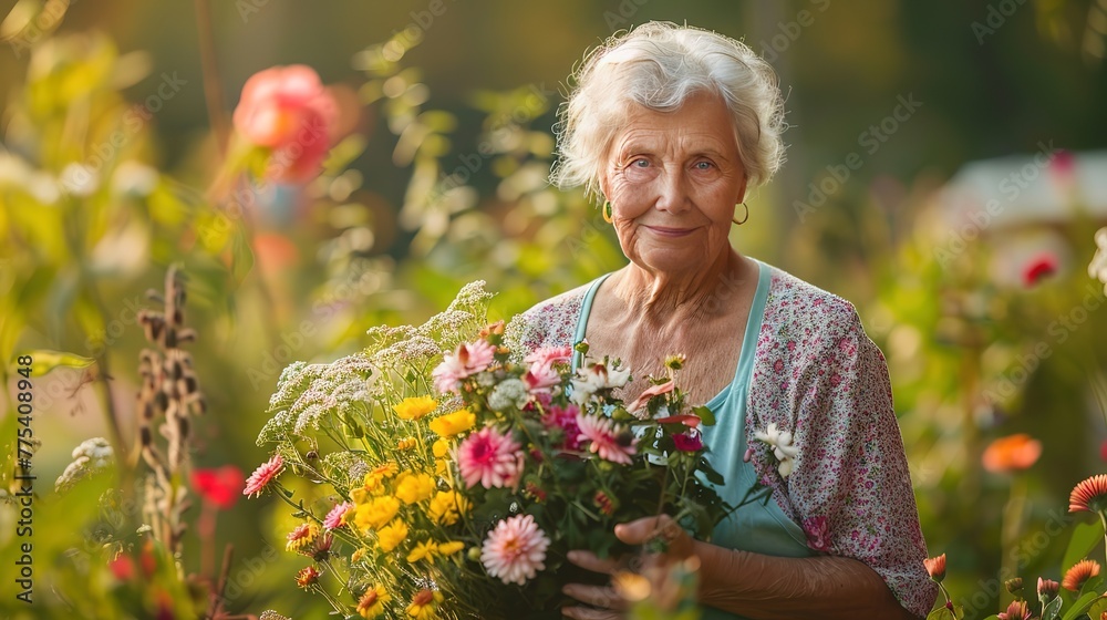 Eyecatching Senior woman with flowers in garden Eyecatching Senior woman with flowers in garden