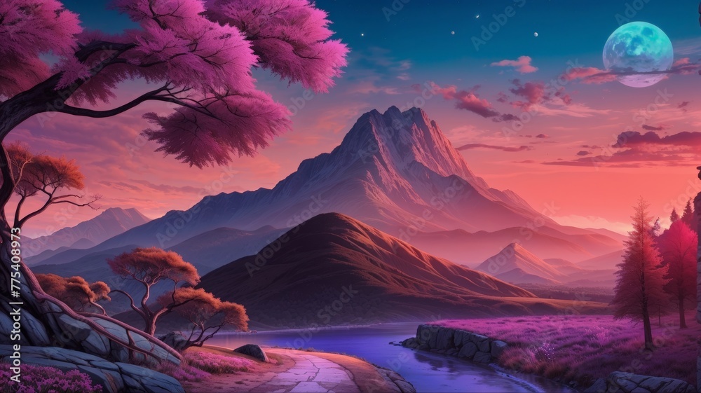 Fantasy landscape with mountains and lake. Digital art painting illustration.