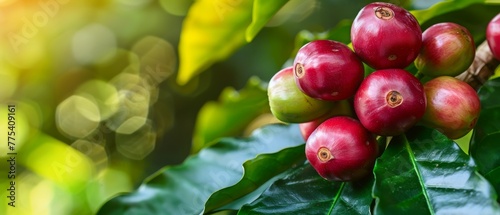Wallpaper Mural   A close-up image captures multiple coffee beans on a leafy branch against a sunny backdrop, with a soft boke effect that creates depth Torontodigital.ca