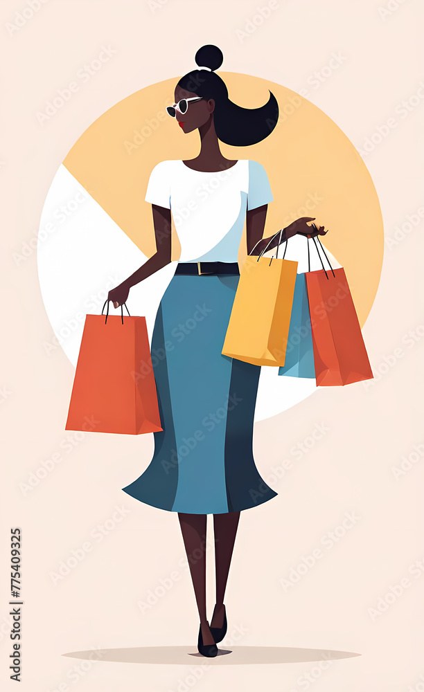An illustration capturing the essence of a successful shopping spree. A girl with packages in her hands after shopping.