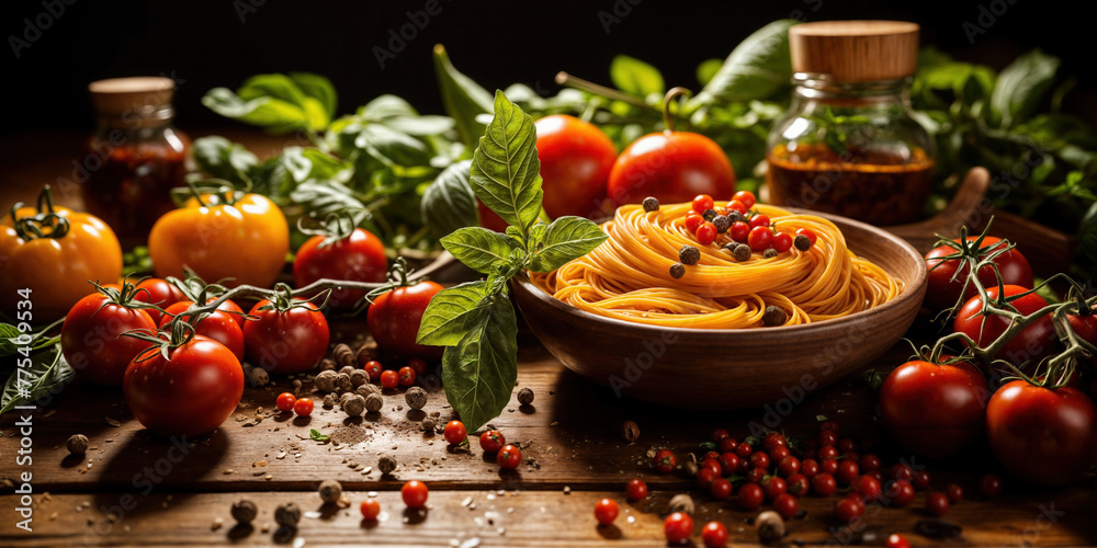 Gourmet italian pasta with fresh tomatoes and basil