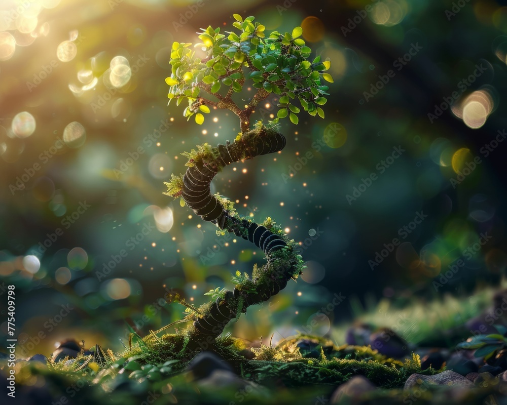 DNA strands winding around a tree, symbolizing life's connection, on a nature-inspired background