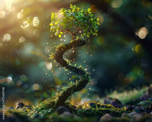 DNA strands winding around a tree, symbolizing life's connection, on a nature-inspired background