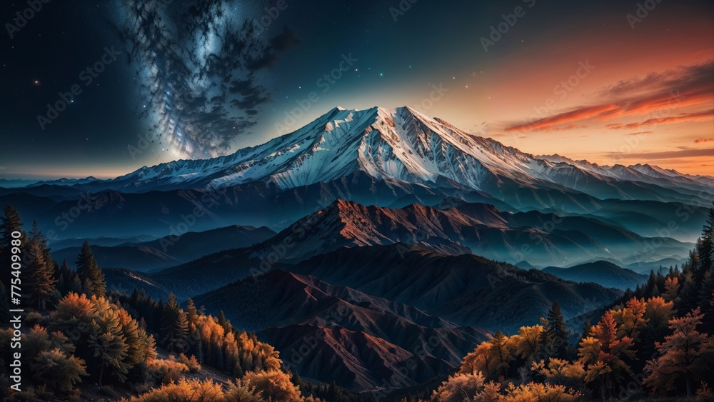 Mountain landscape at night with starry sky and milky way