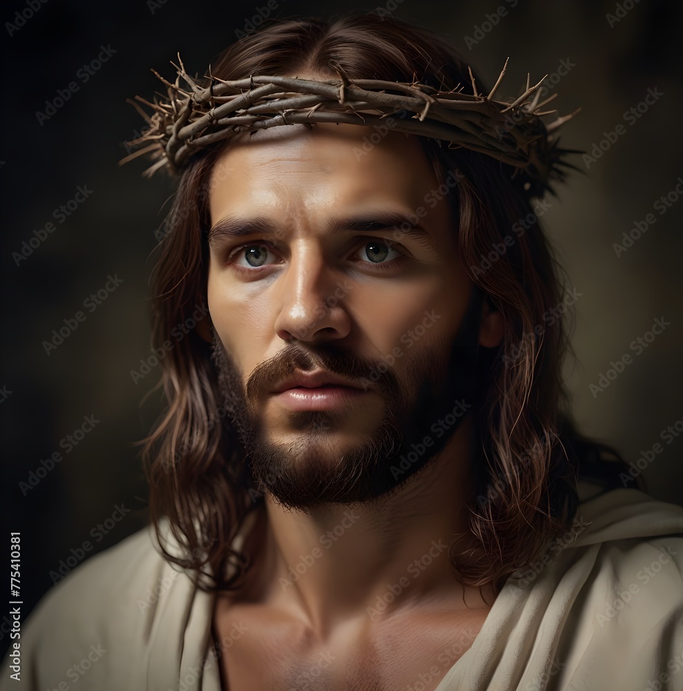Closeup portrait of Jesus Christ with crown of thorns illustration pic