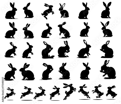 Set de silhouettes de lapins dans différents positions, isolé du fond 