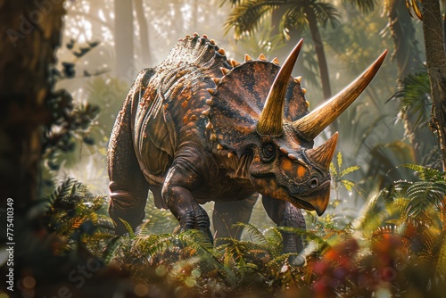 Three-horned Triceratops Dinosaur in the Cretaceous Period Forest © Nikki AI