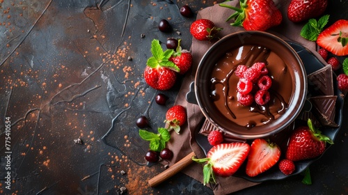 Dessert . Chocolate fondue whith fruit and berries . Food background  photo