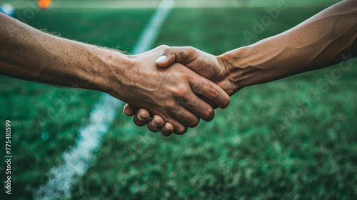 Sportsmanship handshake against the backdrop of a soccer match. Concept of Football World Cup and sports competition between international teams.