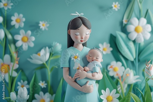 3D nurse with baby maternal care photo