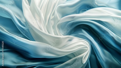 Abstract blue and white silk fabric texture with grainy noise and glowing light, retro background