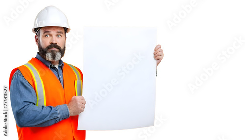 Labor Man Holding Banner PNG Image , Male construction worker in helmet and orange vest, isolated on white transparent background © Saqib