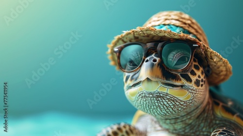 3D turtle with beach hat and sunglasses trendy
