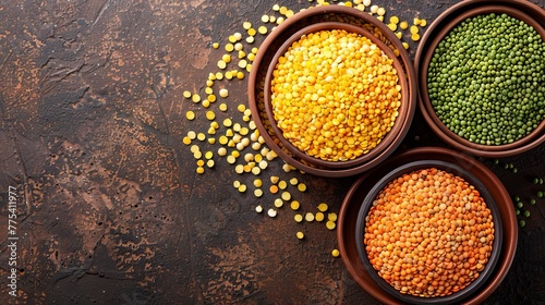 Multicolored lentils in bowls on a brown background, yellow and brown, green and orange lentils, healthy legumes, top view, copy space 