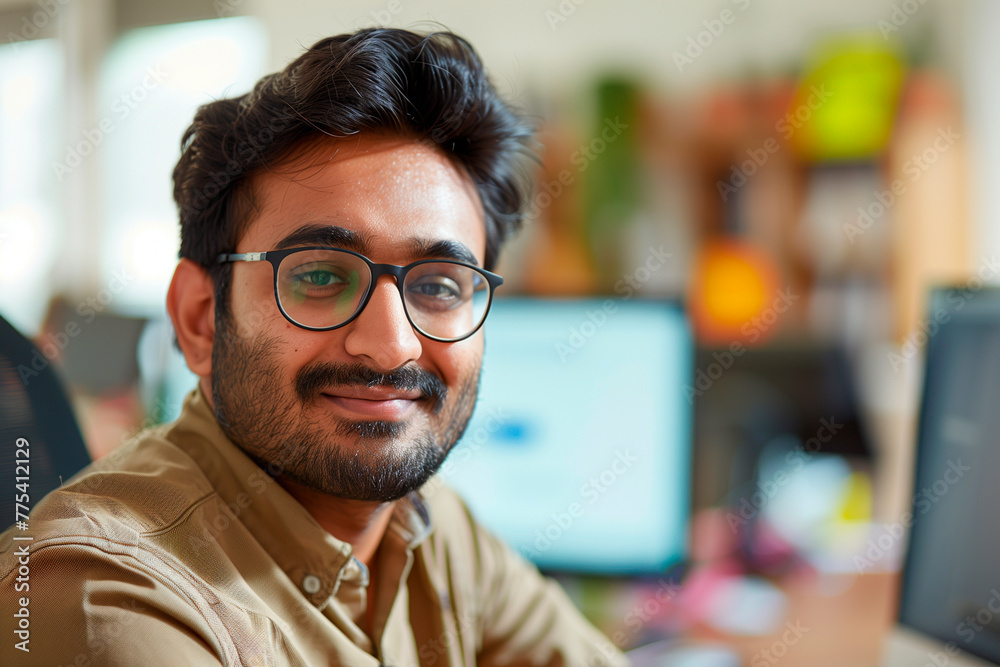 Obraz premium Computer engineer with glasses poses smiling at the camera with computer screens in the background.