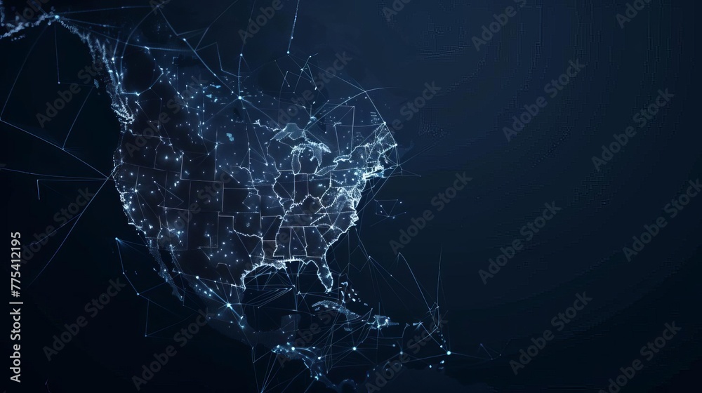 Abstract Digital Outline of North America on Dark Background, Futuristic Geographic Illustration - obrazy, fototapety, plakaty 