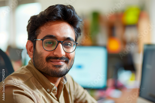 Computer engineer with glasses poses smiling at the camera with computer screens in the background.
