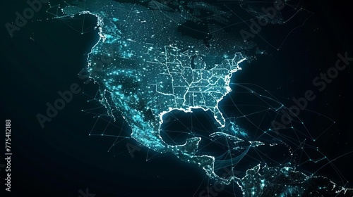 Abstract Digital Outline of North America on Dark Background, Futuristic Geographic Illustration