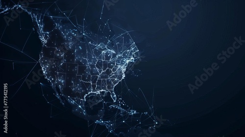Abstract Digital Outline of North America on Dark Background, Futuristic Geographic Illustration photo