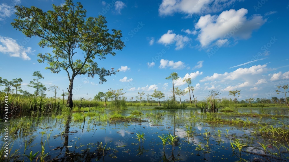 peat swamp plant trees and vegetation against blue sky background