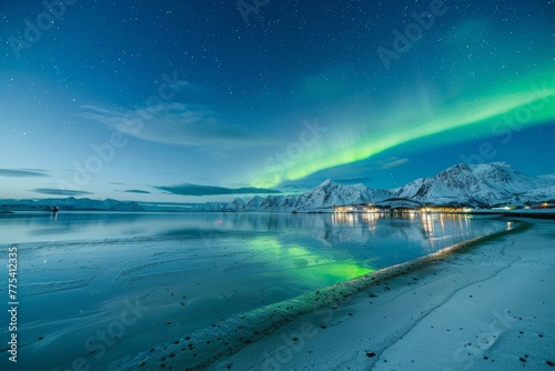 a snowy beach with a body of water and a green aurora borealis