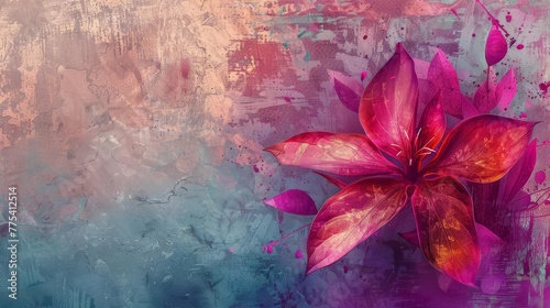 Abstract floral painting with textured metallic background, contemporary digital art