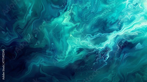 Abstract fluid art background with vibrant teal, blue, and green gradient paint swirls and grunge texture, digital illustration