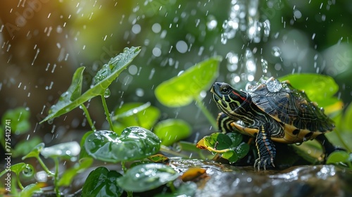 Miniature turtle with outdoor shower refreshing
